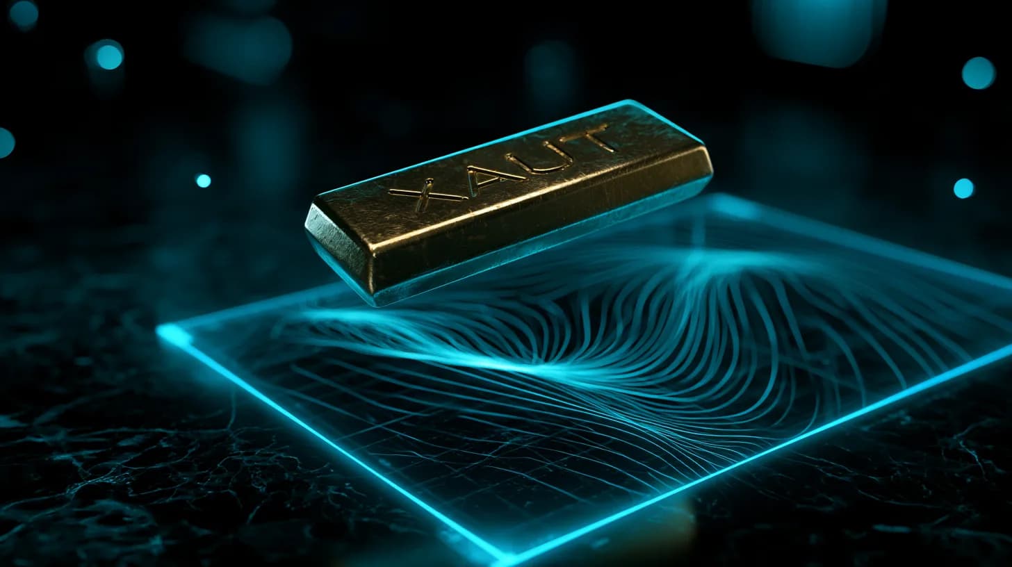 Gold bar engraved with XAUT ticker hovers above a dark trading desk showing an options volatility surface in blue.