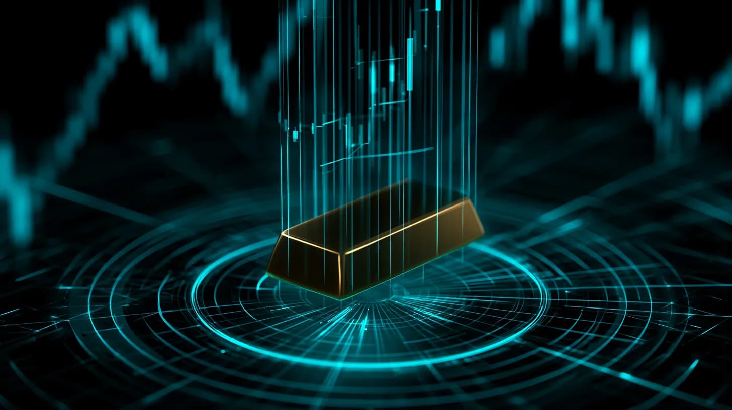 Gold bar suspended in glass vault with holographic options chart, illustrating Bybit XAUT derivatives launch