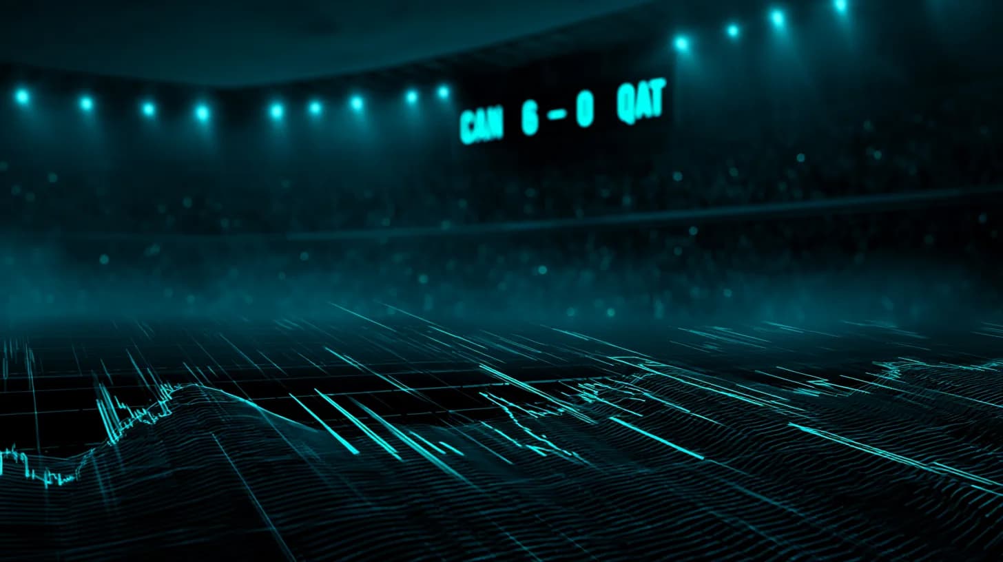 Stadium scoreboard showing Canada 6 Qatar 0 with stablecoin order book overlay