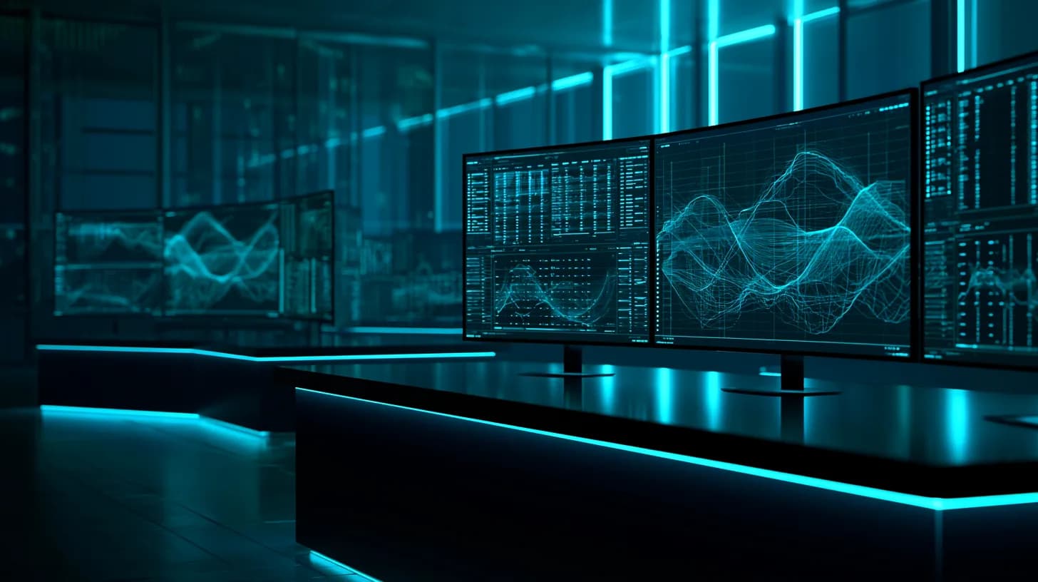 Modern institutional trading desk with monitors showing private market data analytics at dusk