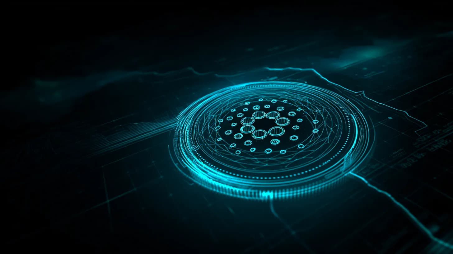 Cardano ADA logo against a dark editorial backdrop with a subtle upward chart line