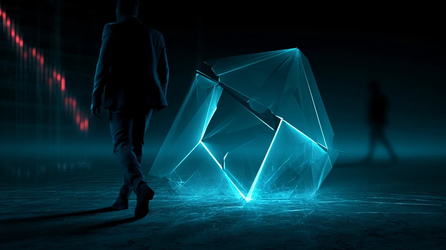 Cracked Cardano ADA logo over a falling candlestick chart symbolizing the six-year low and Hoskinson's step-back