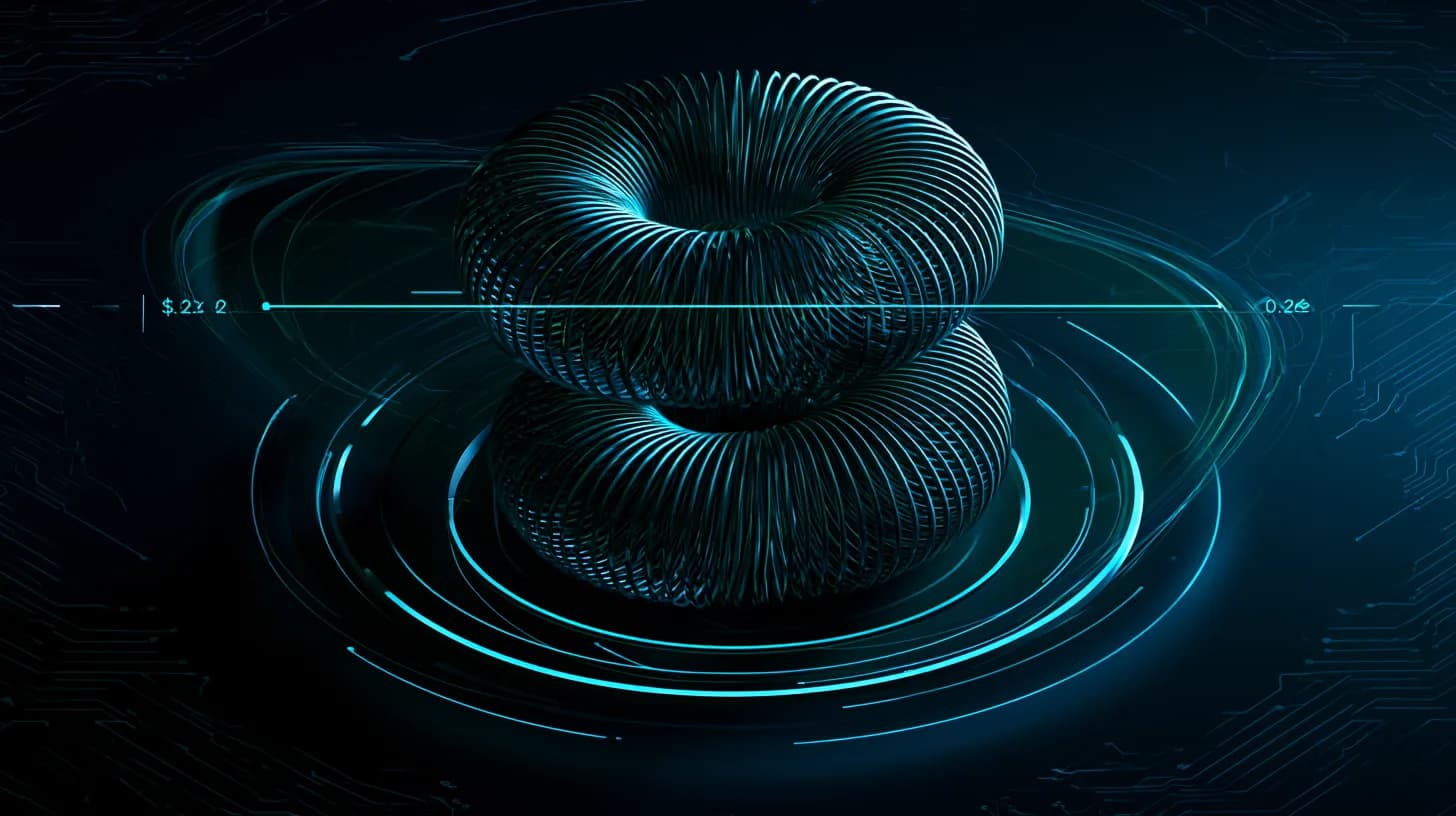 Cardano ADA logo as a compressed coil between $0.25 and $0.26 chart levels with a death-cross overlay and quantum motifs.
