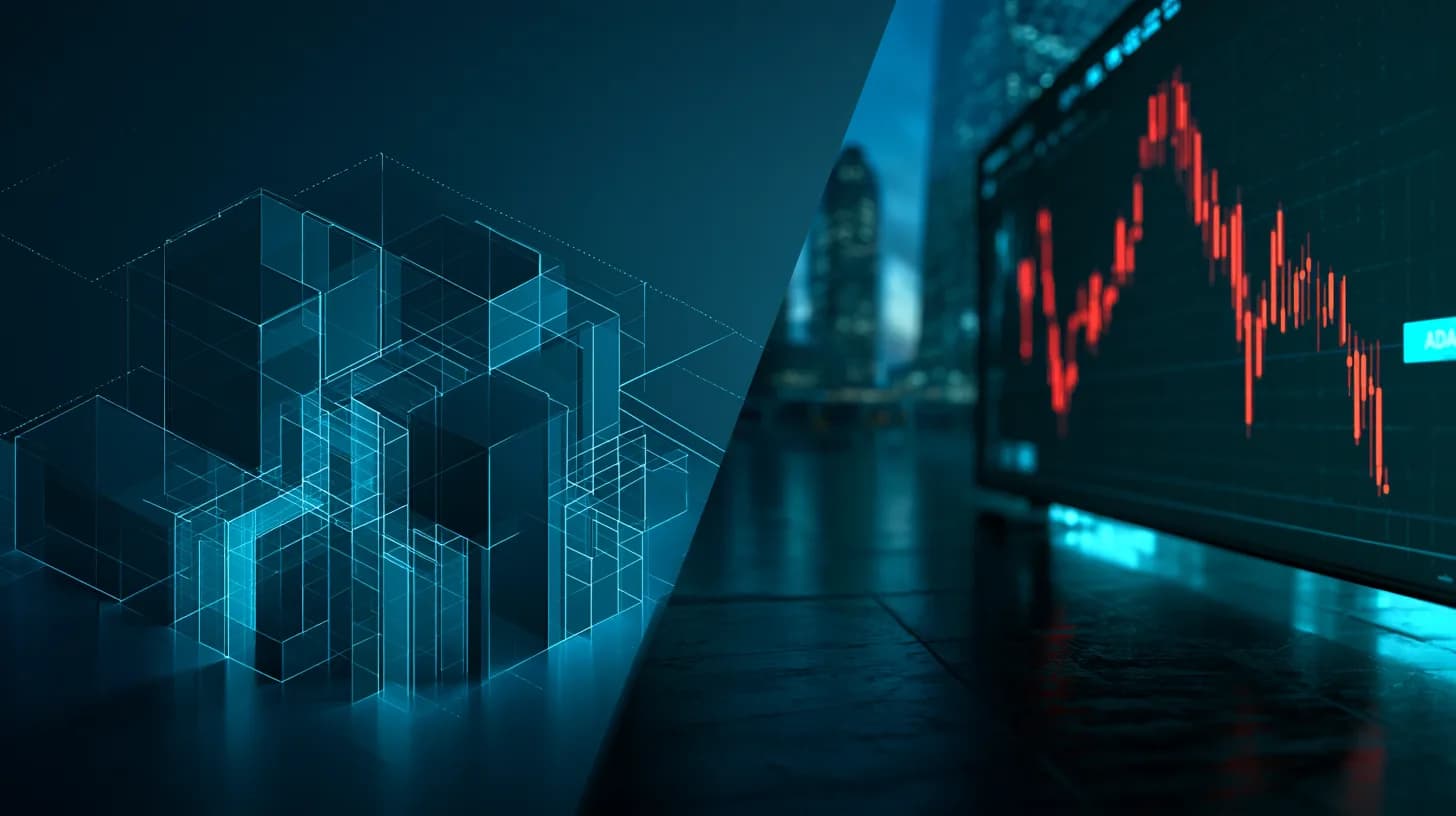 Split scene of a blue blockchain upgrade rendering beside a dim trading floor showing red ADA price candles.