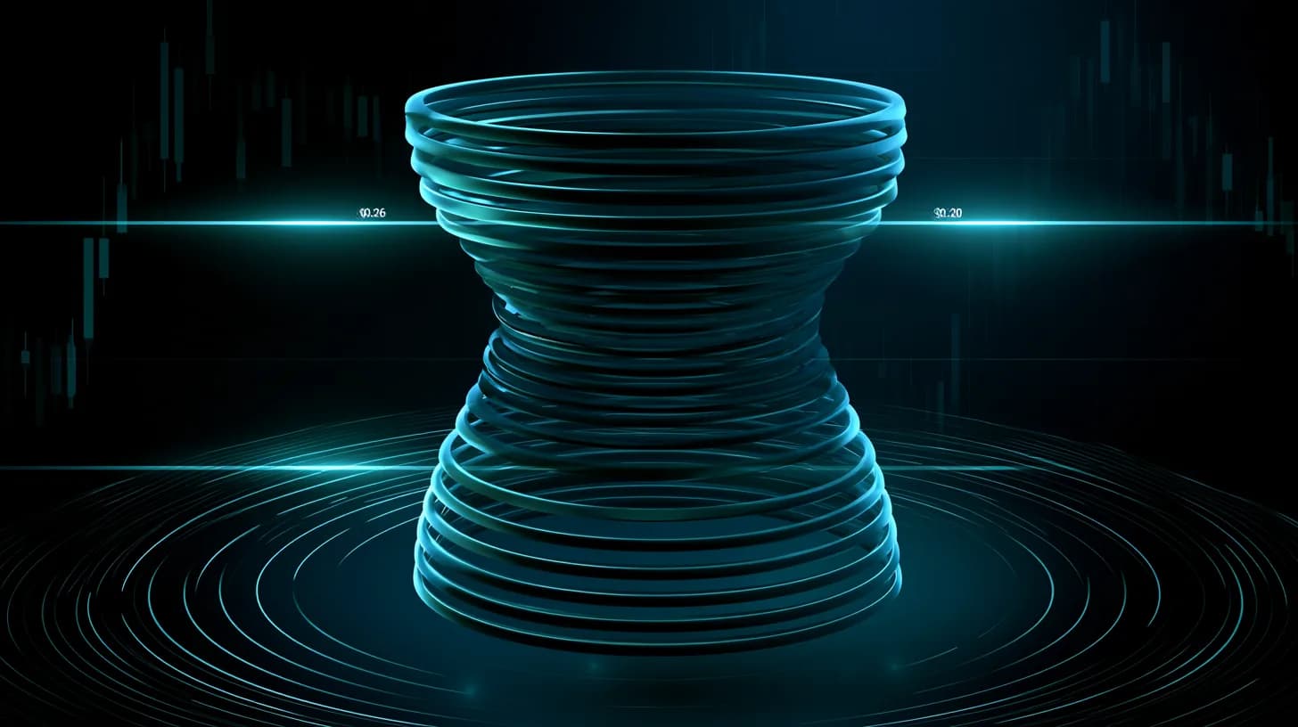 Cardano logo as a coiled spring compressed between $0.26 resistance and $0.20 support levels