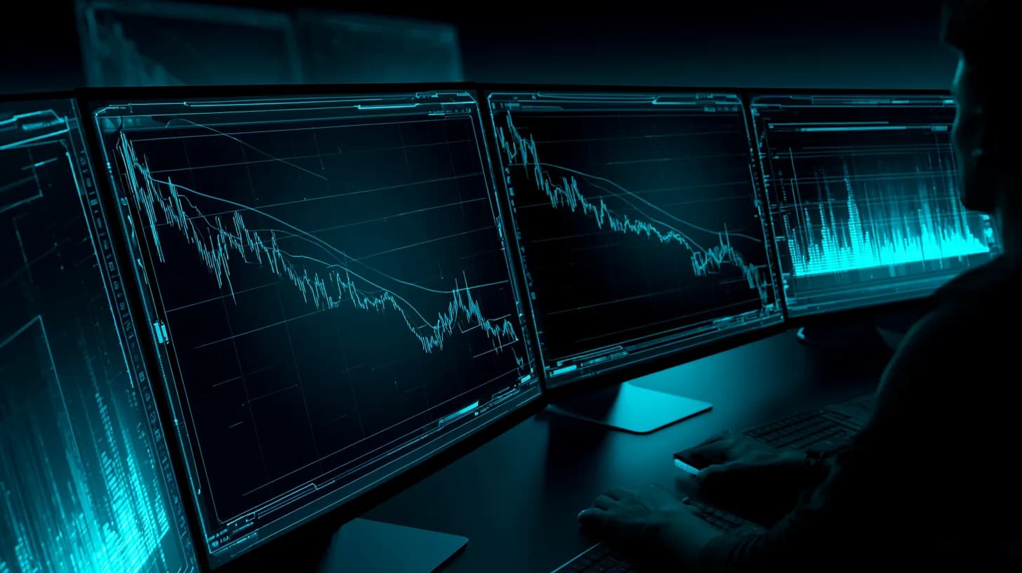 Trading desk showing Cardano ADA price chart with death cross and whale accumulation data on adjacent monitors