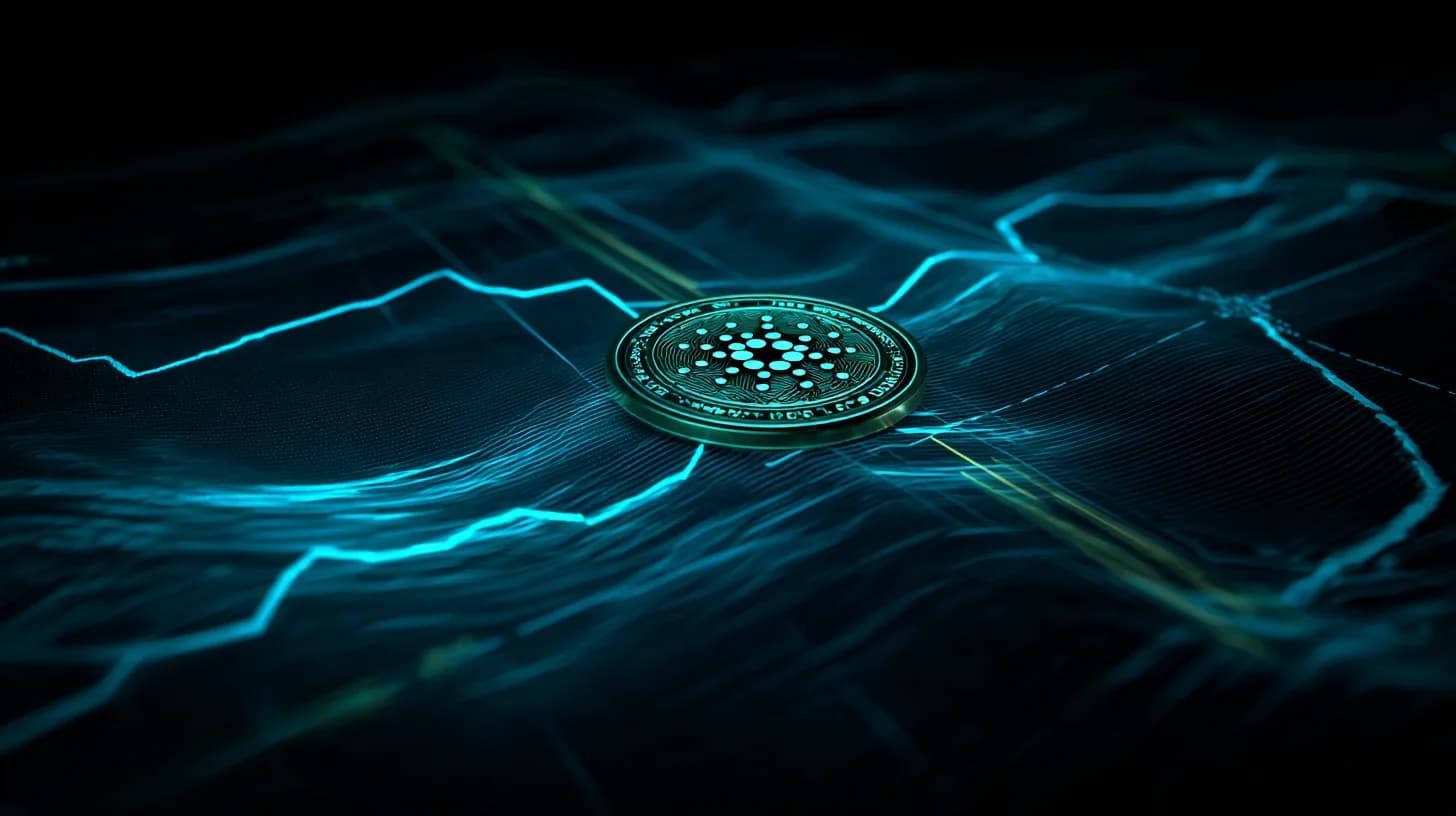 A Cardano (ADA) coin over a dark chart background with two converging moving-average lines depicting a golden cross.