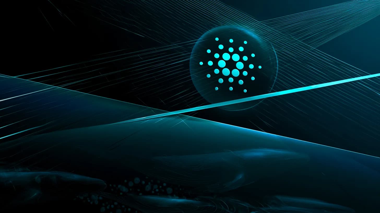 Cardano ADA logo balanced on a knife-edge support level with death cross chart pattern behind it