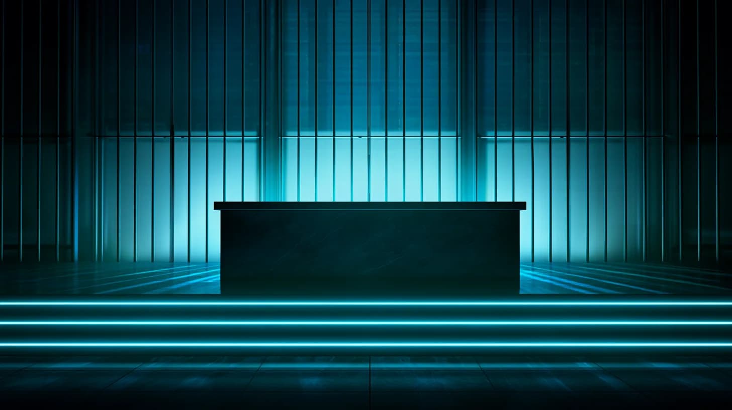 Central bank podium in cool light with a closed border gate and faint server racks behind frosted glass