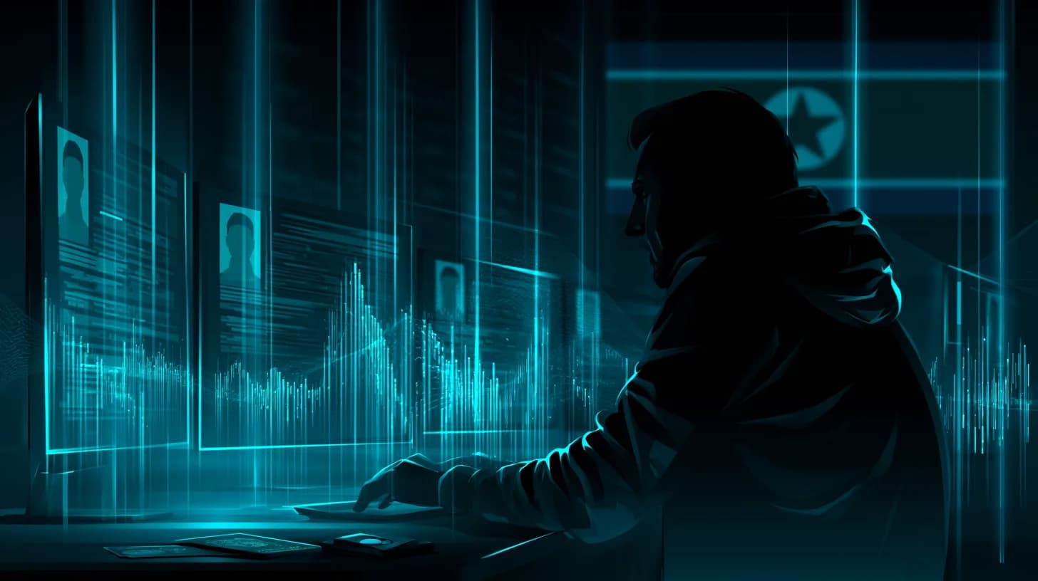 Silhouetted figure at a dim workstation with blockchain graphs and a faint North Korean flag projection