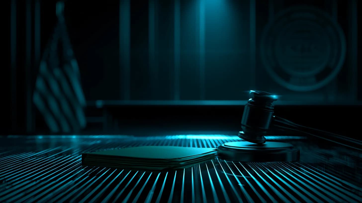 Closed case file and gavel on empty courtroom table with CFTC seal blurred behind