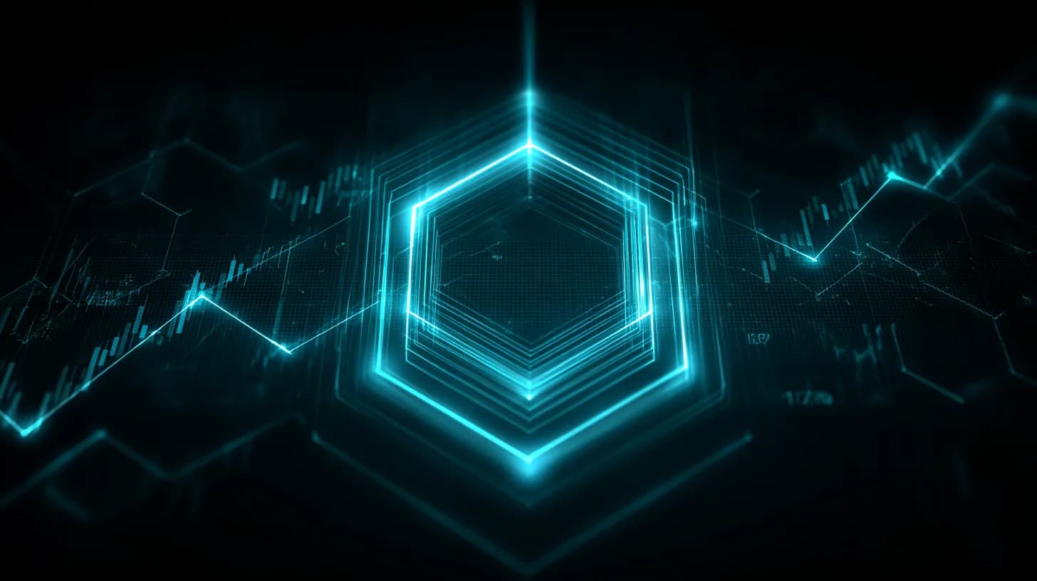 Stylized Chainlink oracle node above a symmetrical triangle chart with faint equity ticker data streams in the background.