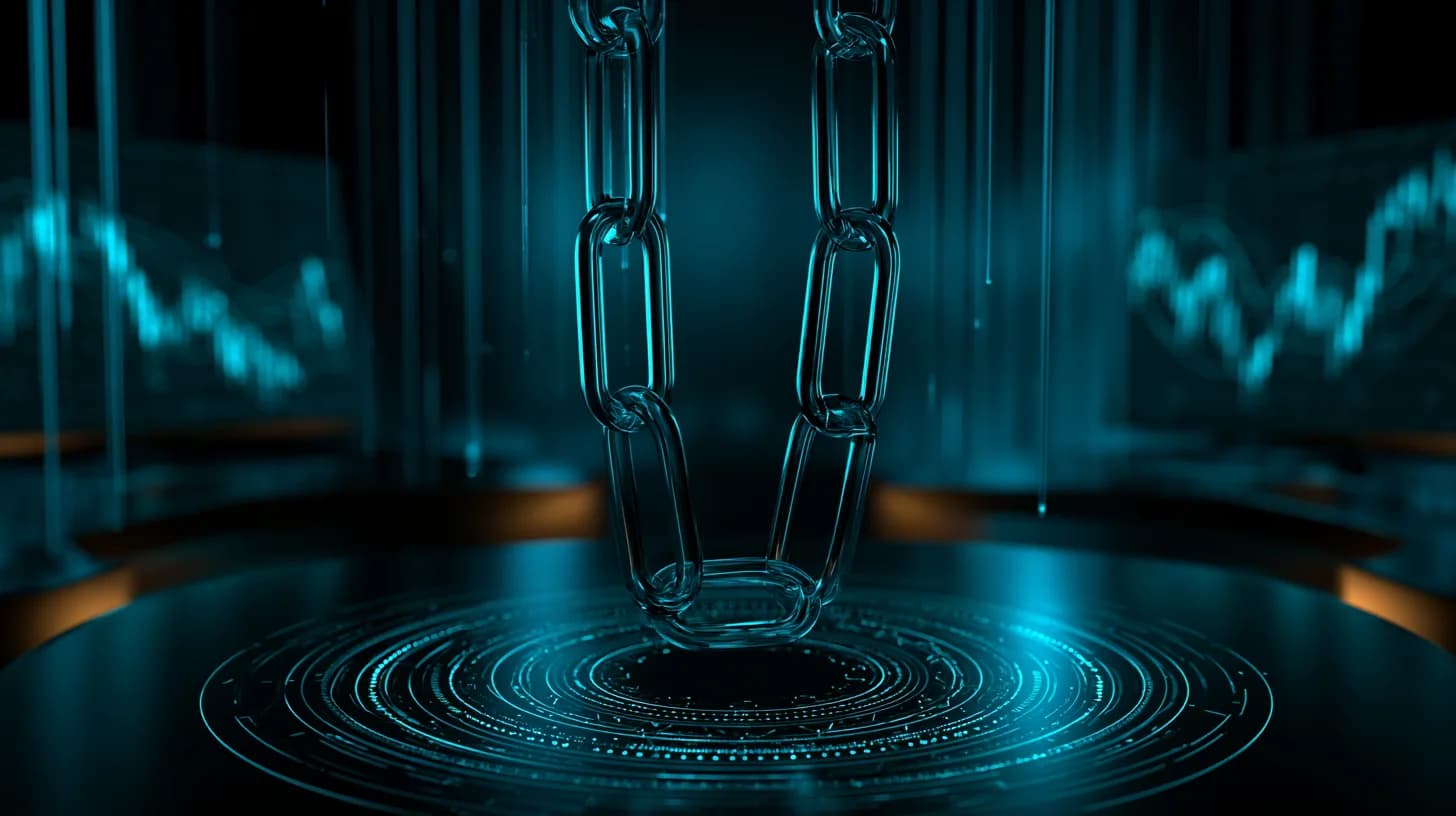 Stylized chain link suspended above a trading desk with candlestick charts glowing in the background.