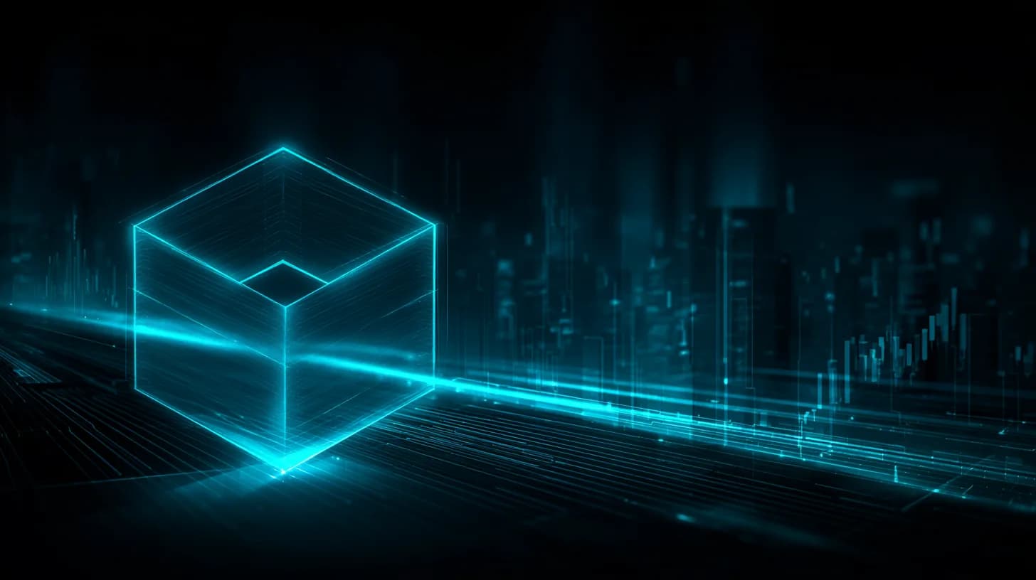 Chainlink cube bridging a Wall Street trading floor and a neon decentralized network in editorial style