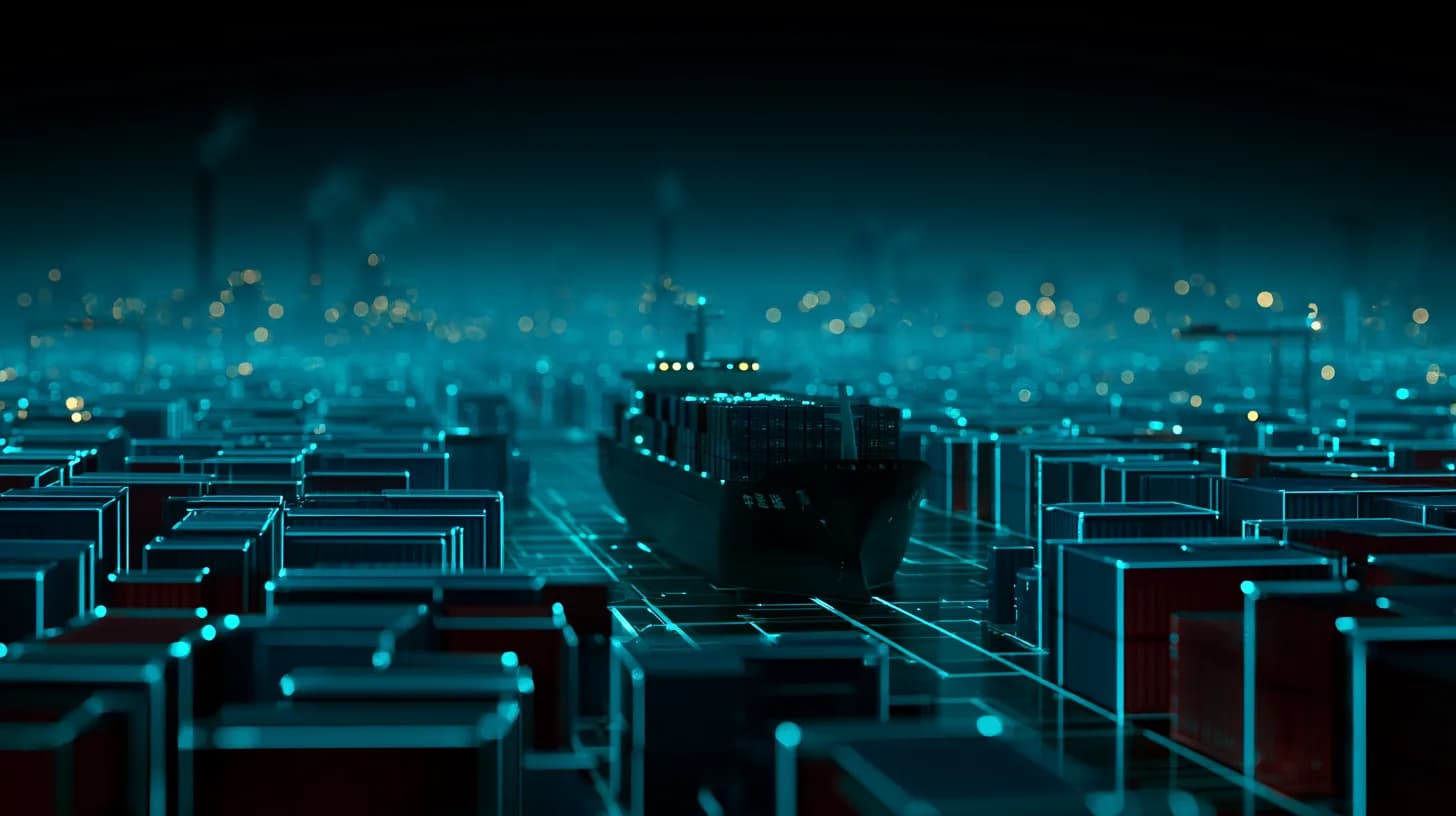 Container port at dusk with stacked containers and a Chinese cargo vessel, illustrating G-7 trade exposure
