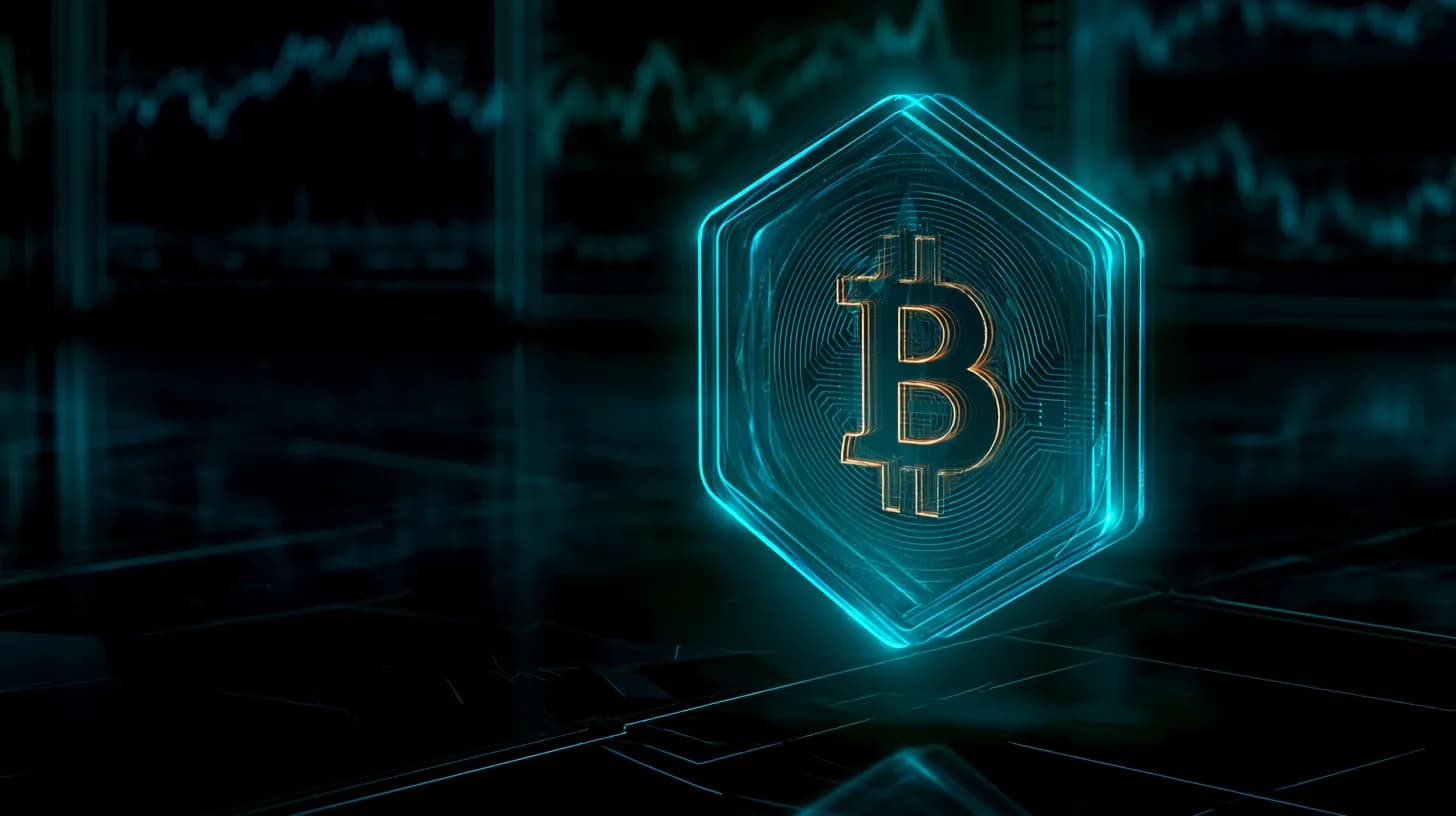 Bitcoin token encased in translucent Ethereum-blue hexagonal shell on a dark trading desk