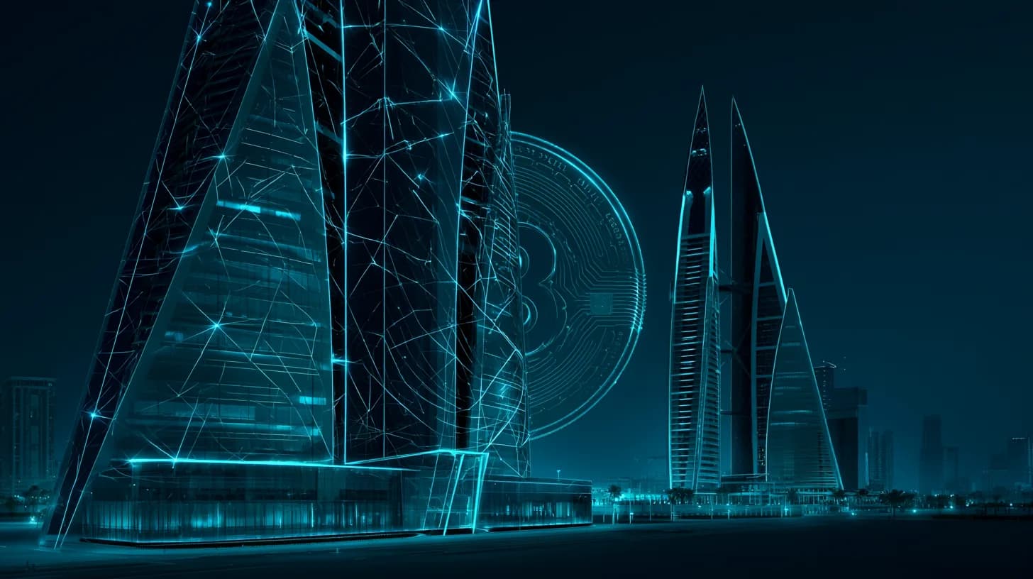 Bahrain Financial Harbour towers at golden hour with a faint USDC coin hologram, illustrating Circle's Middle East…