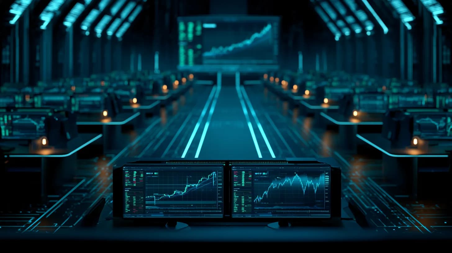 Modern trading floor at dusk with glowing tickers and a revenue chart on the back wall