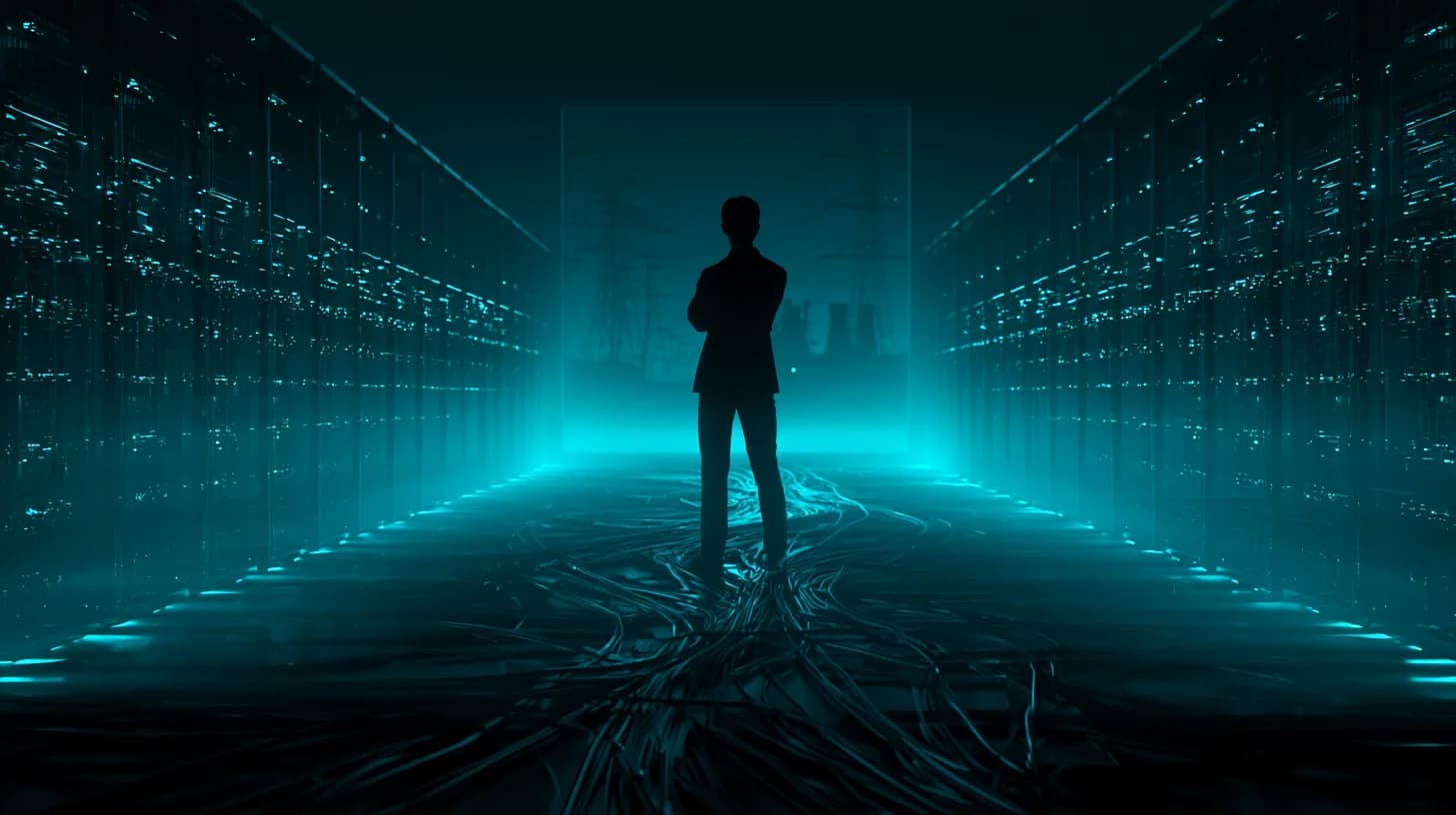 Silhouette of an executive facing rows of glowing GPU server racks in a data center at dusk