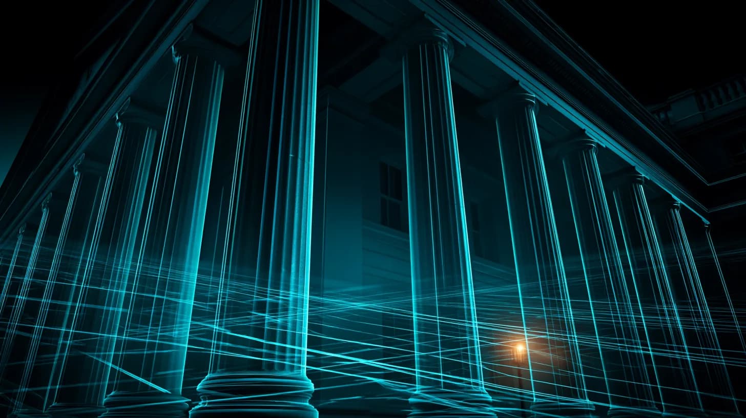 US Treasury building at dusk with subtle digital ledger overlay, illustrating sovereign Bitcoin reserve policy debate