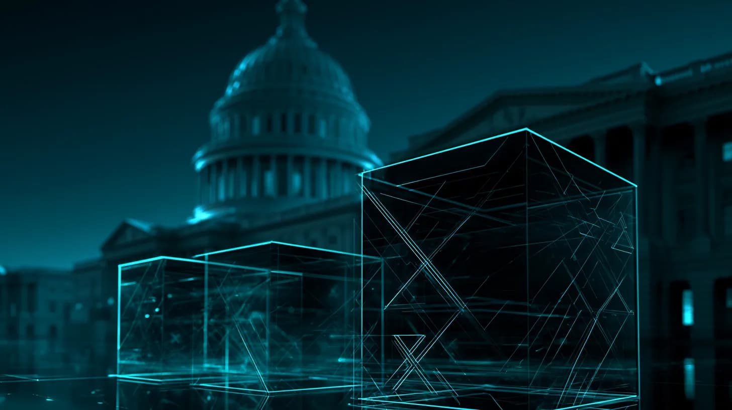 U.S. Capitol at dusk with three glass monoliths in foreground, illustrating exchange lobbying.