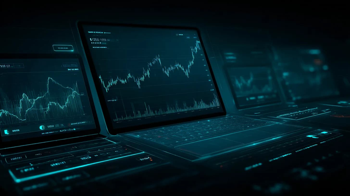 Institutional trading desk monitors showing Bitcoin price spread between two crypto exchanges at dusk