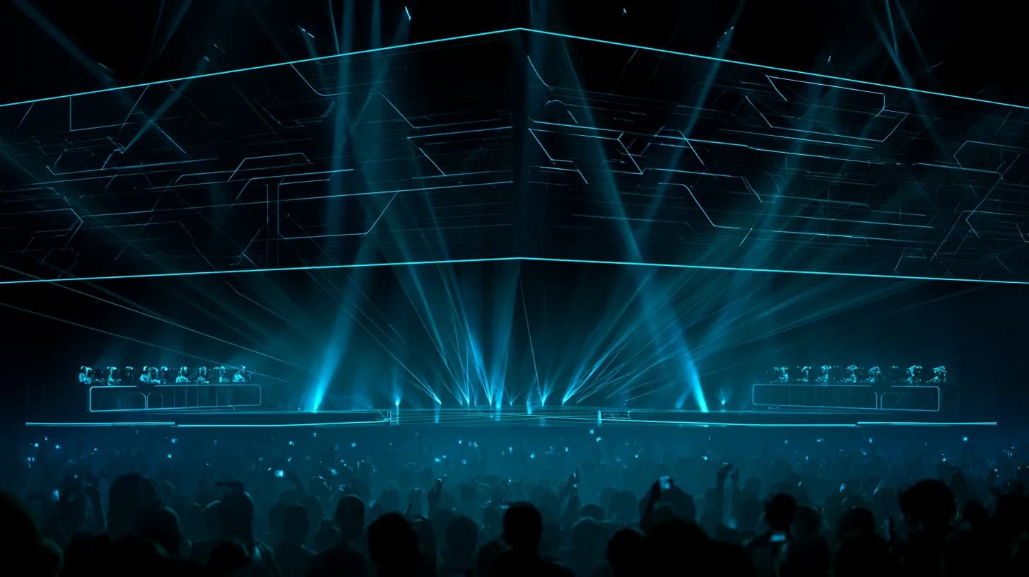 Two professional esports teams on a tournament stage with crowd and screens, evoking the VCT Masters London playoffs.