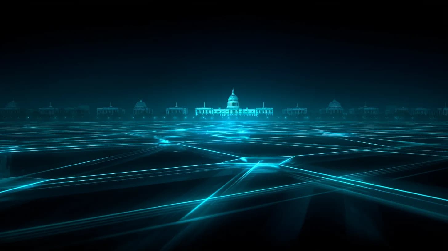 Wall Street trading floor merging with a blockchain lattice, US Capitol dome in background, signaling tokenization moving…