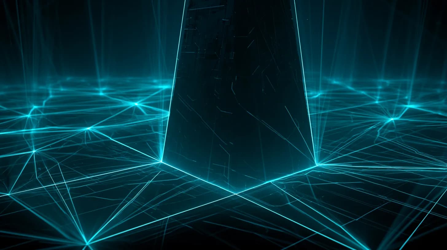 Distributed GPU network nodes radiating from a central monolith, illustrating decentralized AI versus Big Tech concentration