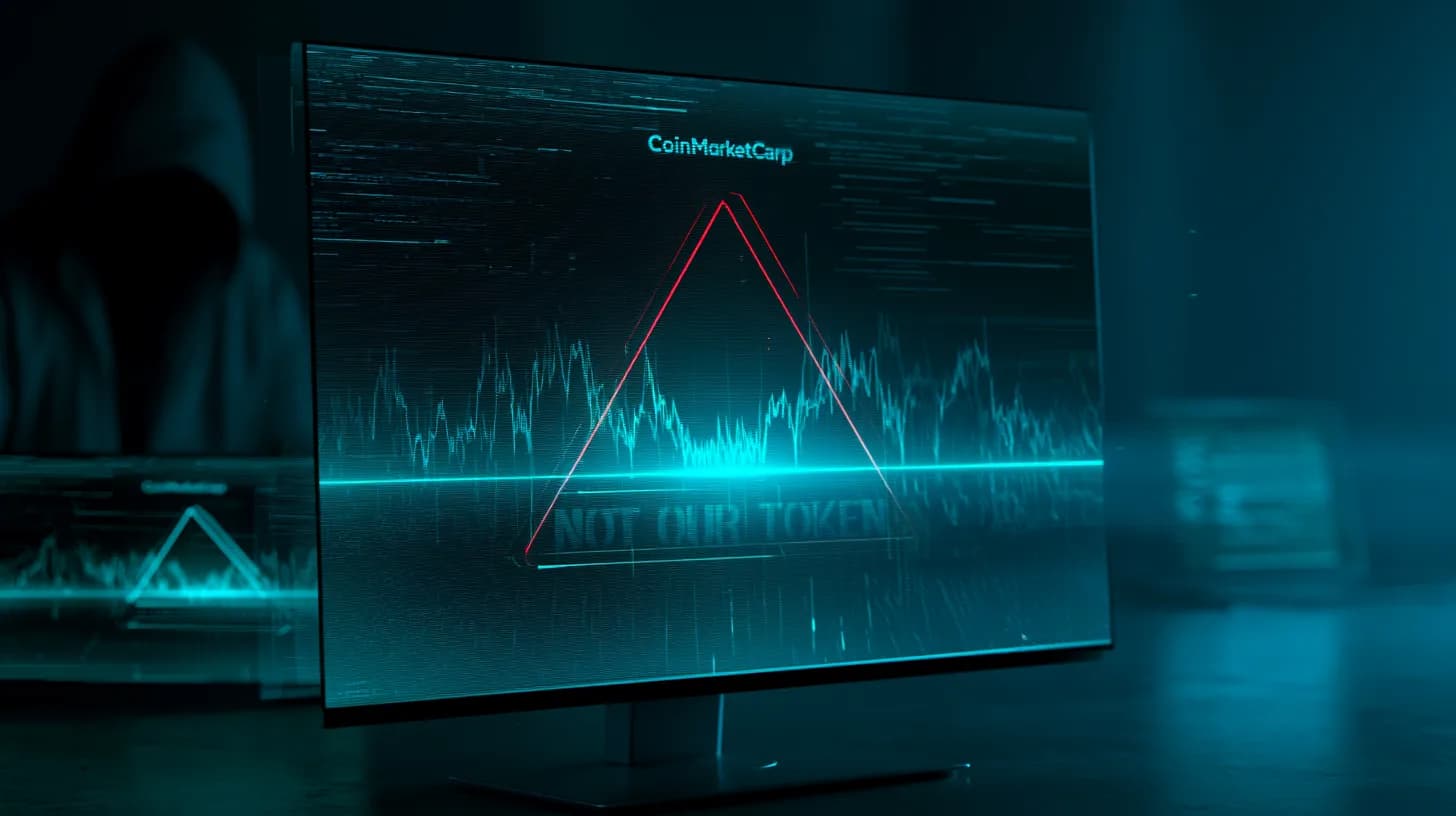CoinMarketCap logo on a monitor with a red warning overlay, reflecting a scammer building a fake lookalike page