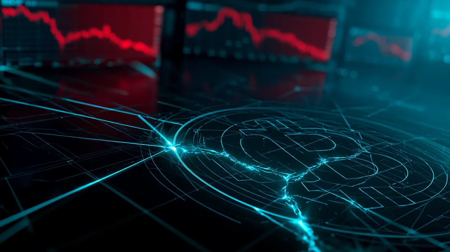 Trading floor screens show MSTR stock falling beside a cracking Bitcoin logo amid Strategy FUD