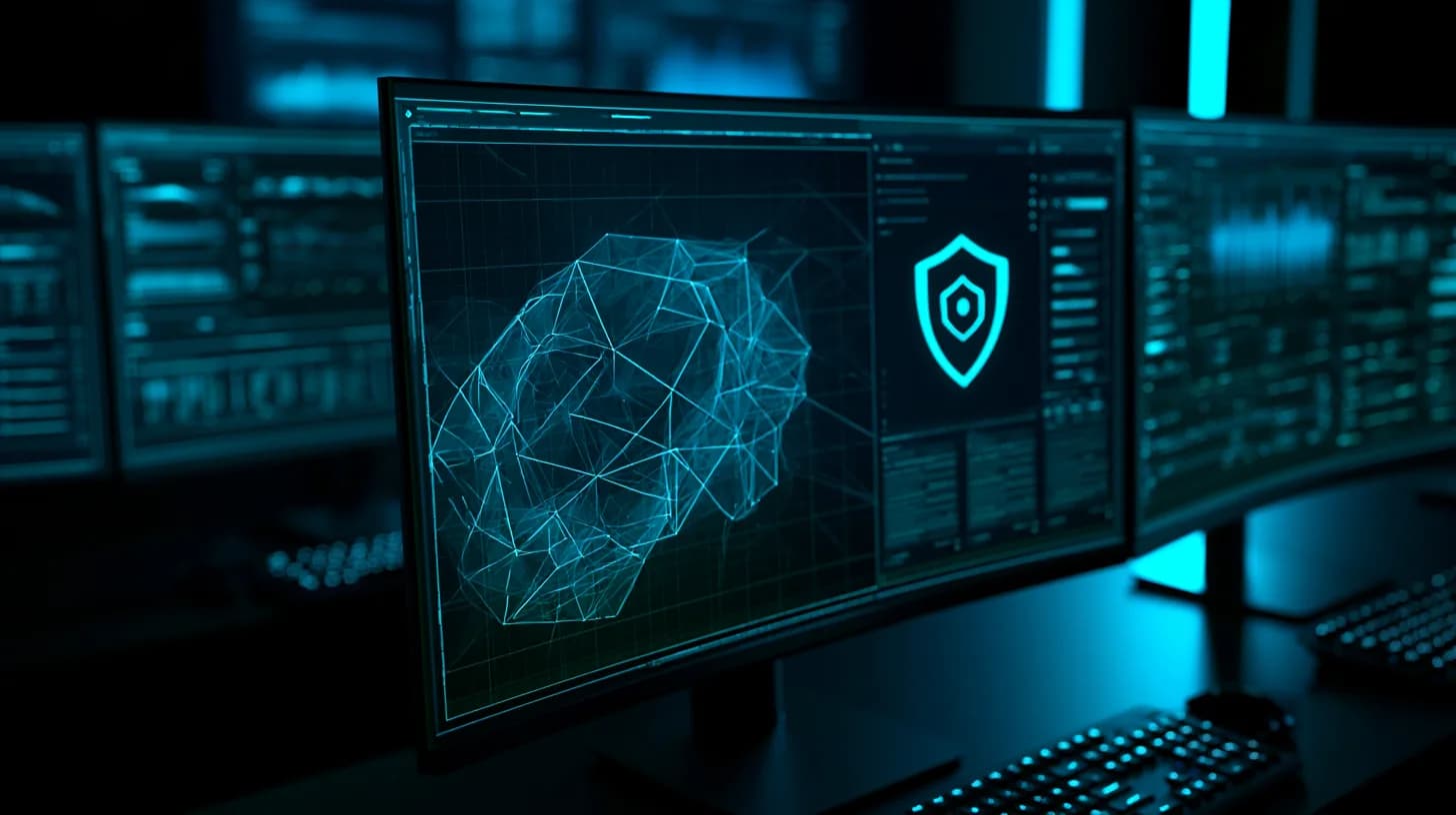 Security operations center monitors showing AI governance dashboard fused with shield icon, cool blue tones