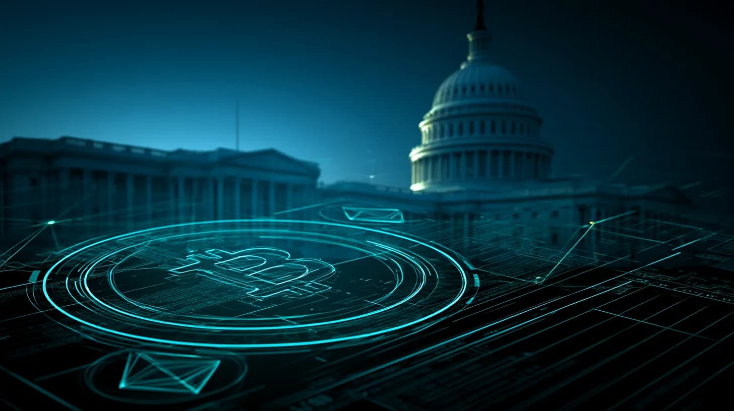 U.S. Capitol building at golden hour with bitcoin and ethereum logos overlaid on tax documents in foreground