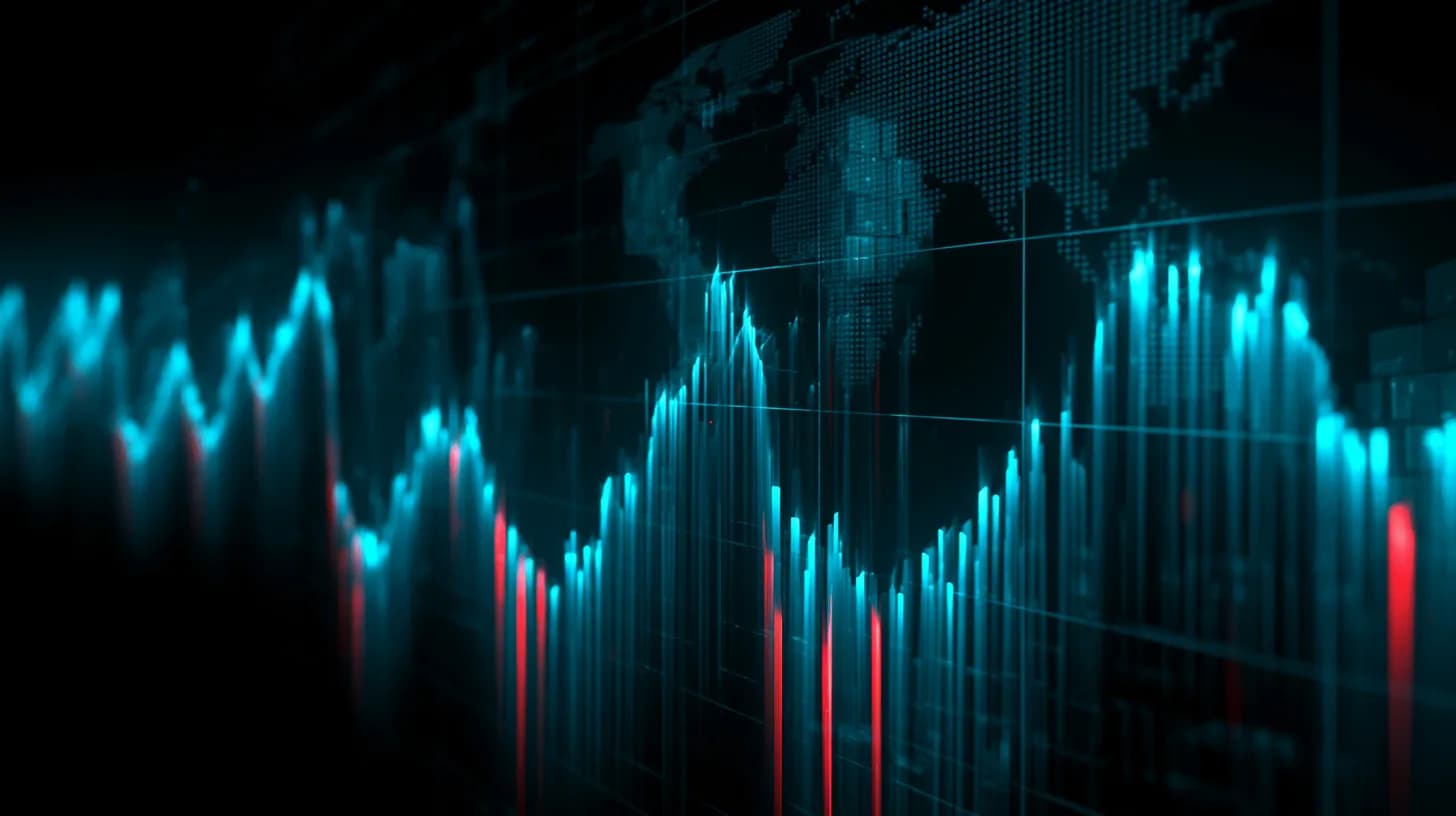 Red cascading crypto chart on trading screens with tariff and shipping container motifs in background