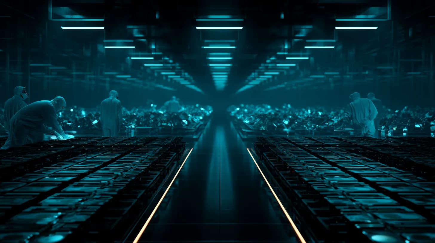 Clean room fab line with GPU server boards replacing ASIC bitcoin mining rigs under blue industrial lighting