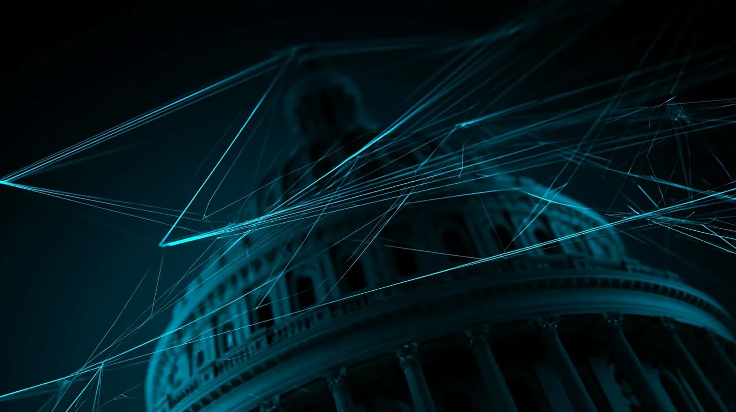 US Capitol dome at dusk with faint blue crypto network lines overlaid in the sky