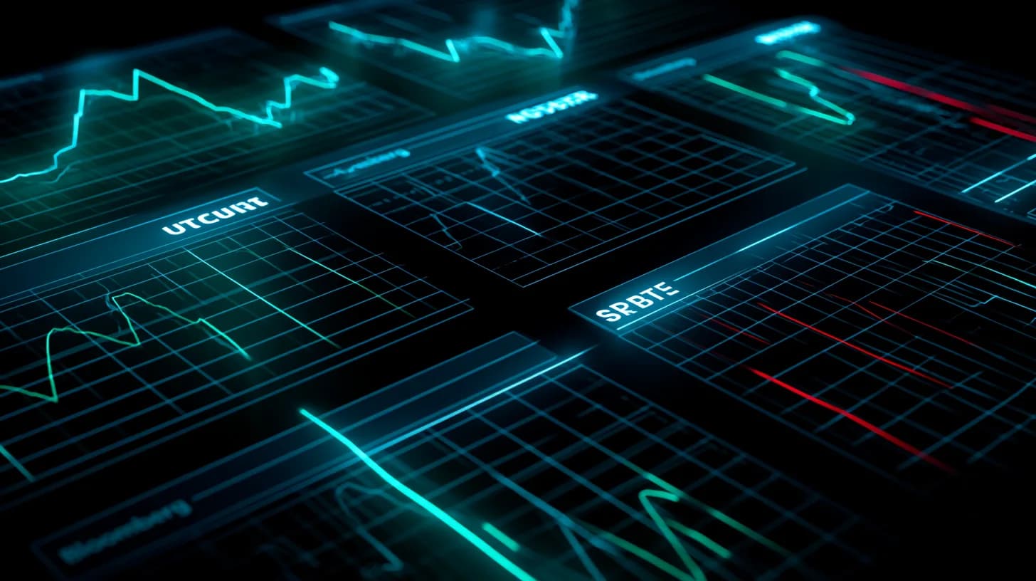 Trading terminal showing four crypto tickers with divergent weekly price lines on a dark editorial backdrop