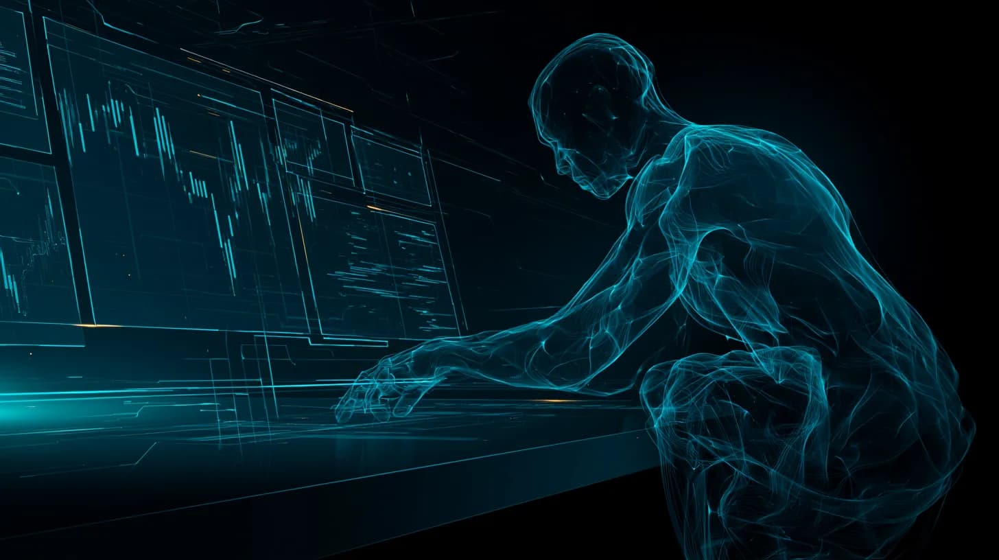 AI agent silhouette at a trading terminal with holographic crypto charts and stablecoin payment flows