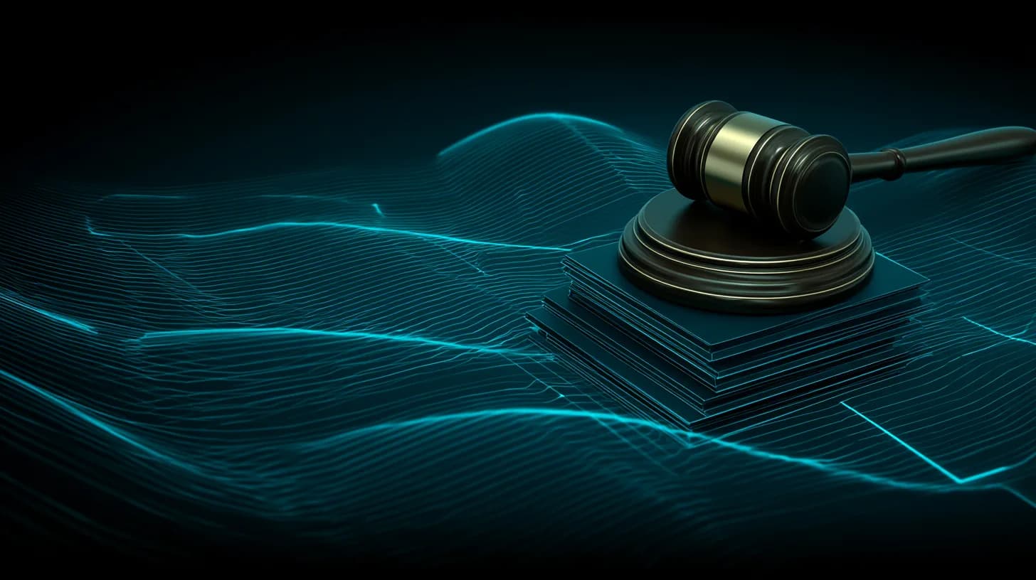 Gavel on legal documents with digital ledger overlay, illustrating Korean crypto fraud trial