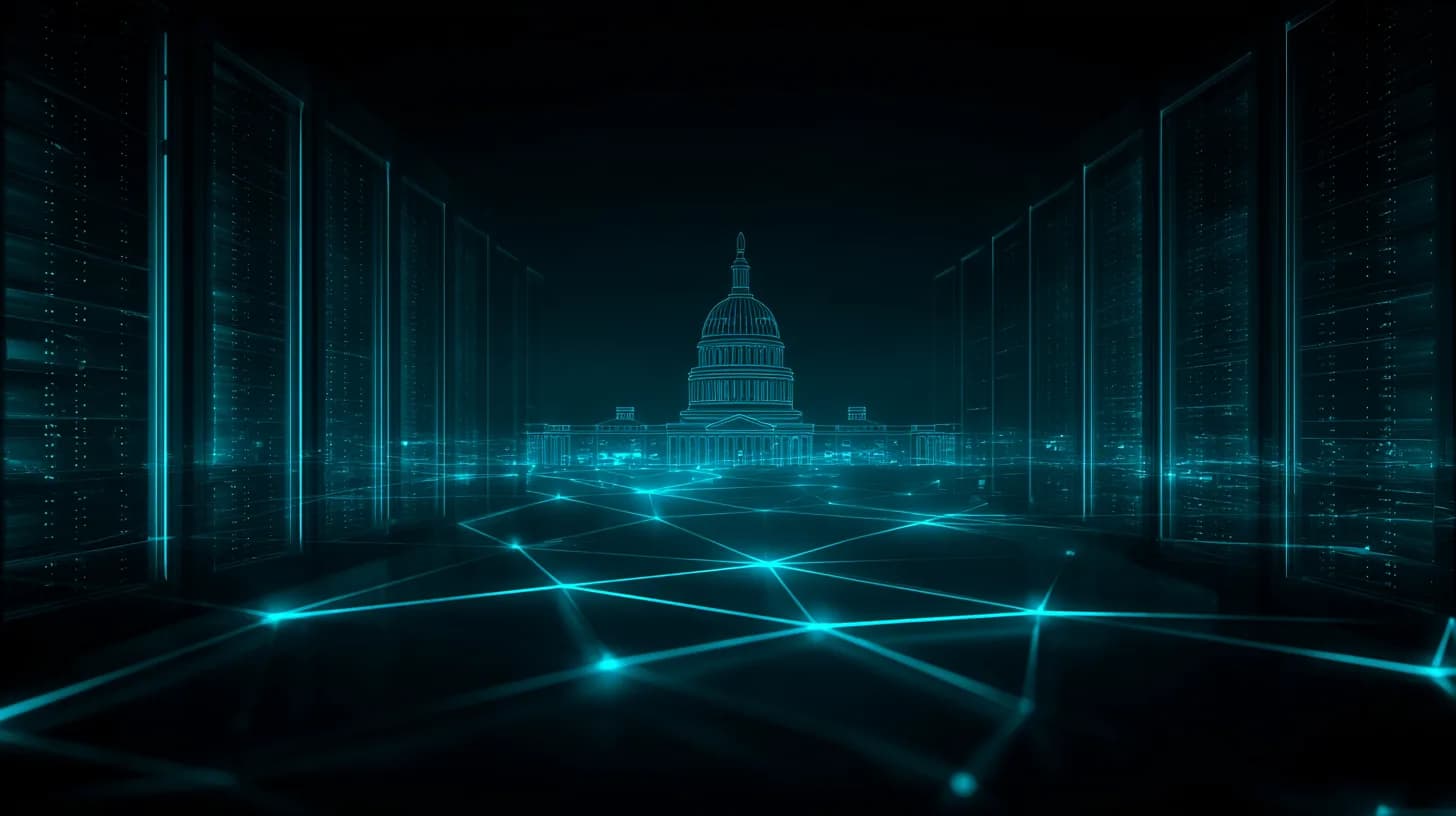 US Capitol dome at dusk framed against a Bitcoin mining server rack silhouette.