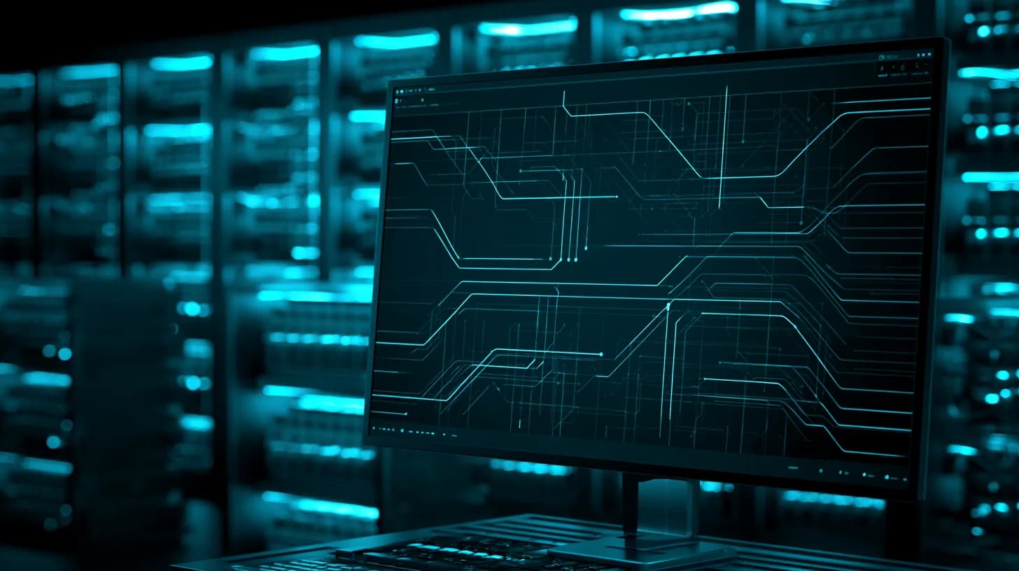 Bitcoin ASIC mining facility with a control monitor displaying parallel block-template routing paths