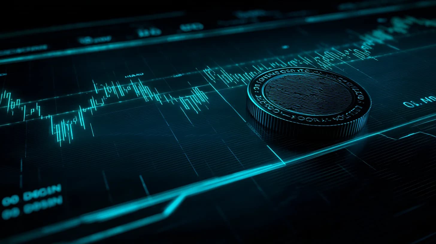 Dogecoin coin on dark trading desk beside green hourly chart breaking above the $0.10 level