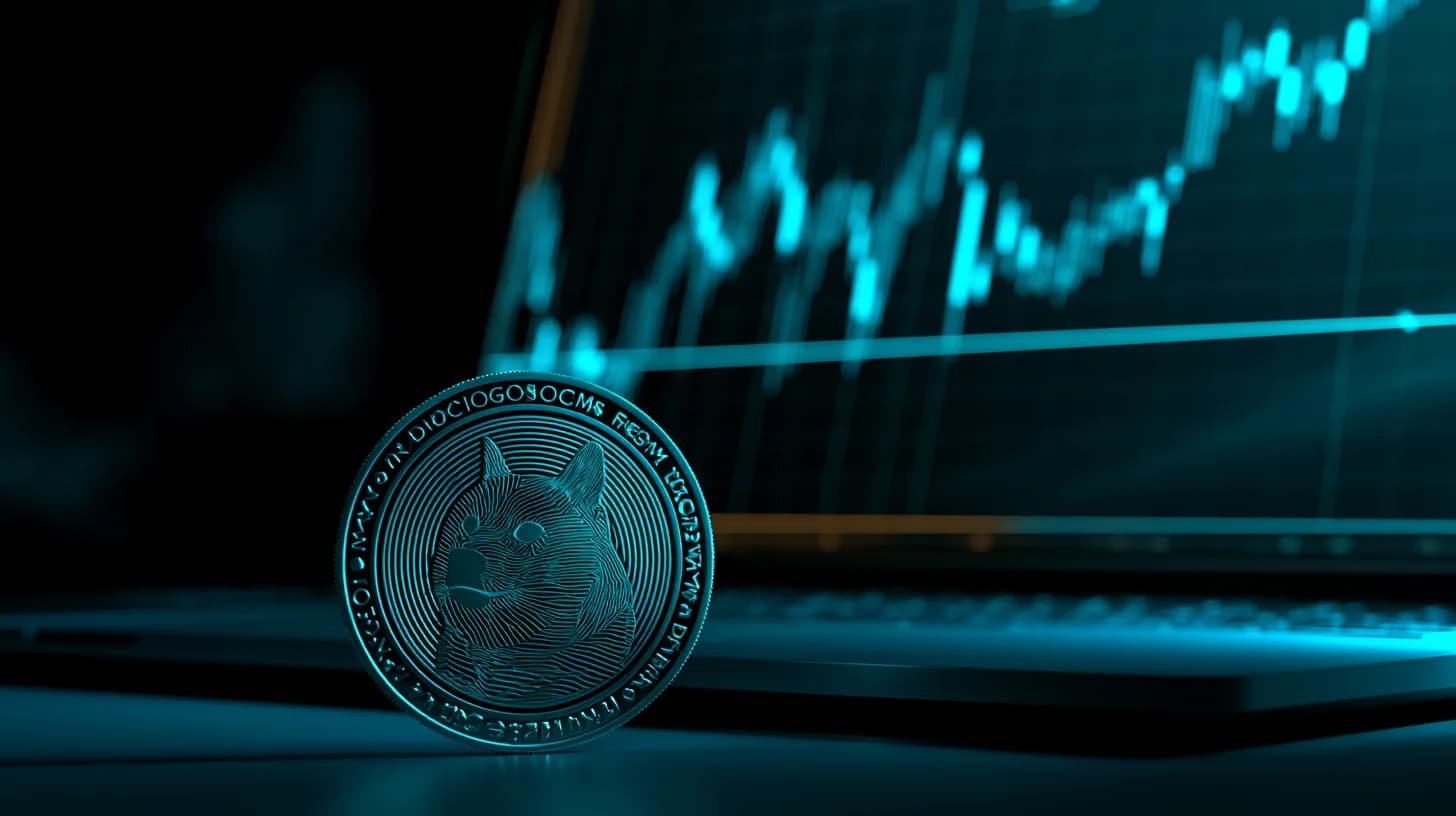 Dogecoin coin on a trading desk with hourly candlestick chart bouncing off support toward resistance