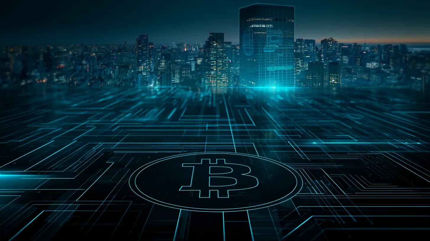 Tokyo skyline at dusk with Bitcoin symbol on a boardroom table, evoking Metaplanet's corporate BTC strategy
