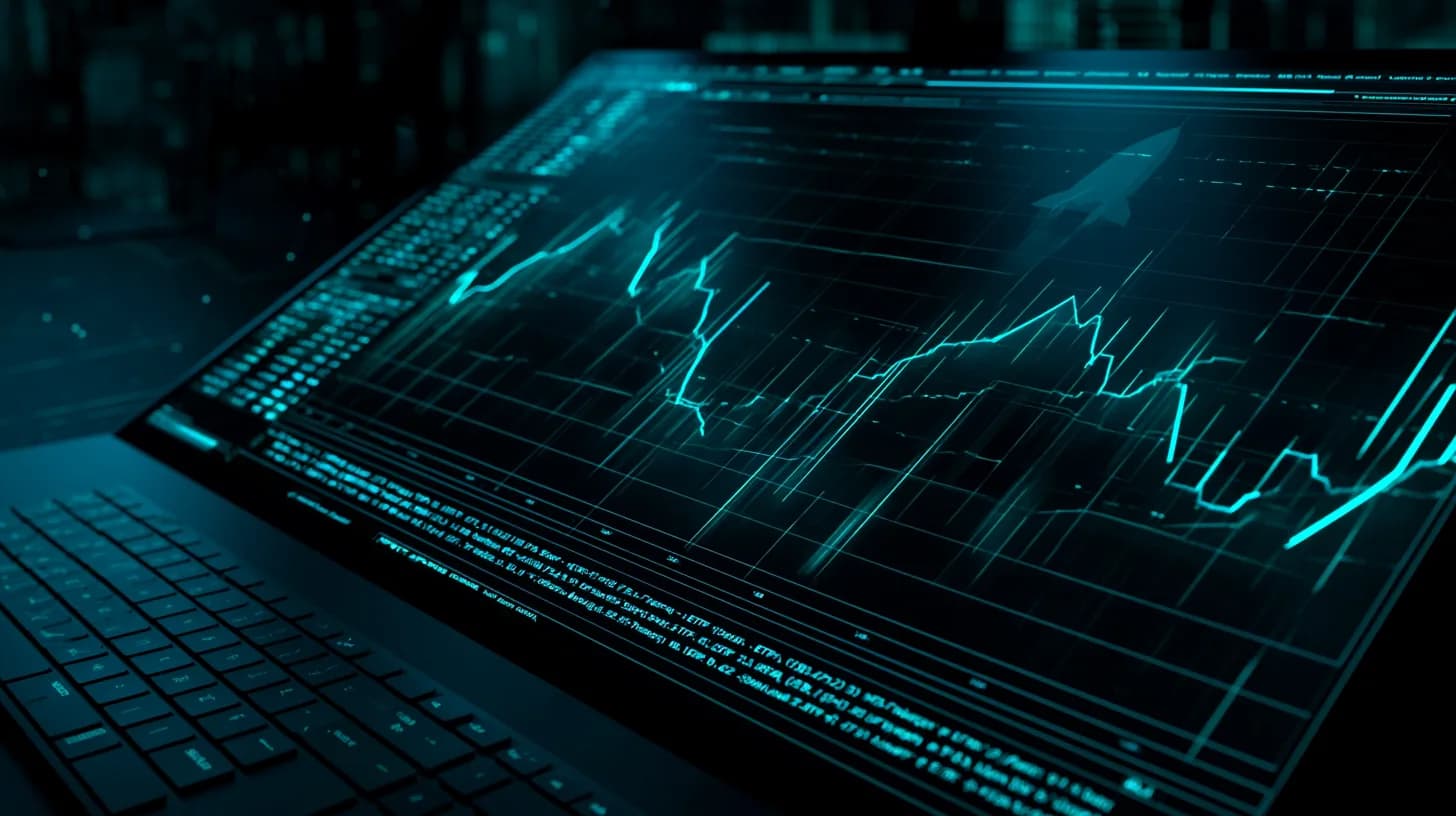 Trading terminal in dim newsroom light shows leveraged ETF tickers with a faint rocket reflection, illustrating SpaceX IPO…