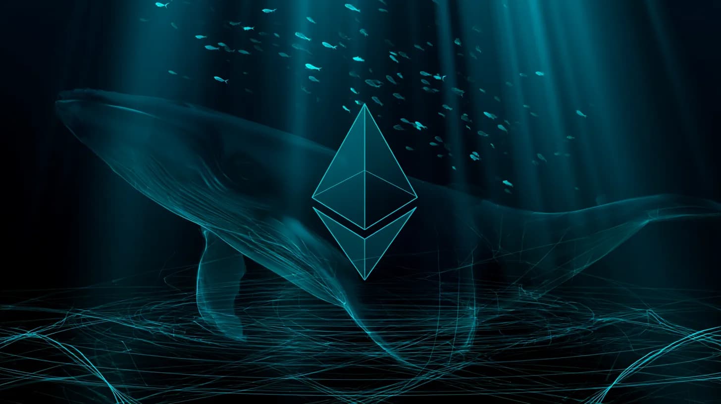 Whale silhouette pressing down on Ethereum logo while smaller fish push back, illustrating the Hyperliquid short standoff