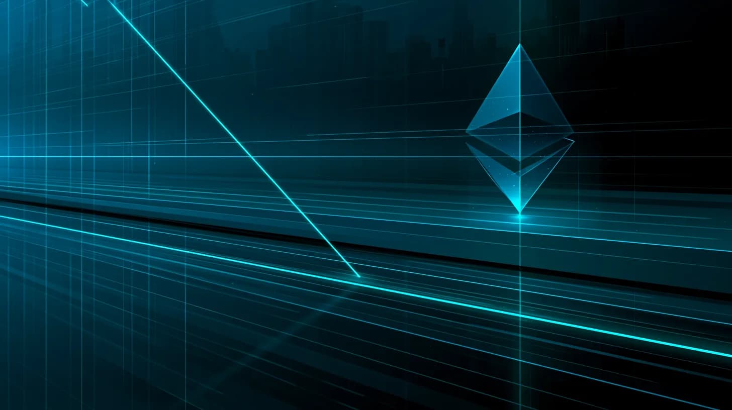 Ethereum logo at a chart support shelf with a downward-sloping hourly line, against a faint corporate skyline backdrop in…