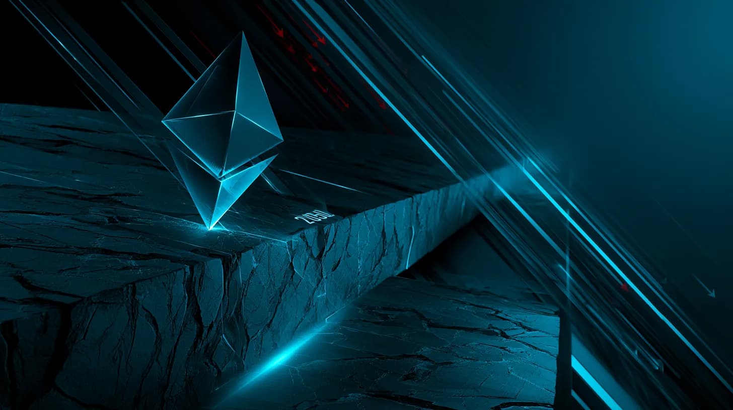 Ethereum logo balanced on a cracked $2,050 support ledge with downward pressure arrows symbolizing bridge exploit and ETF…