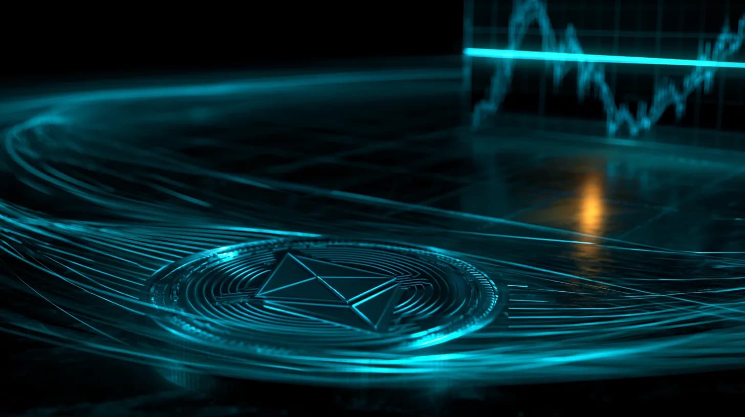 Ethereum logo on a trading desk beside a candlestick chart pressing against a horizontal resistance line