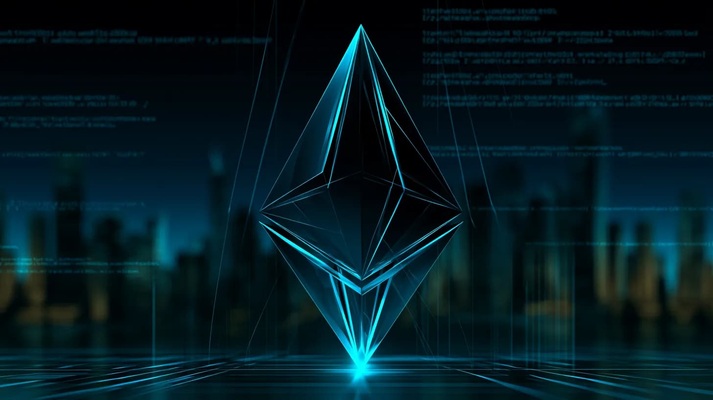 Matte chrome Ethereum logo set against a blurred financial district skyline at dusk with subtle code overlays in the…